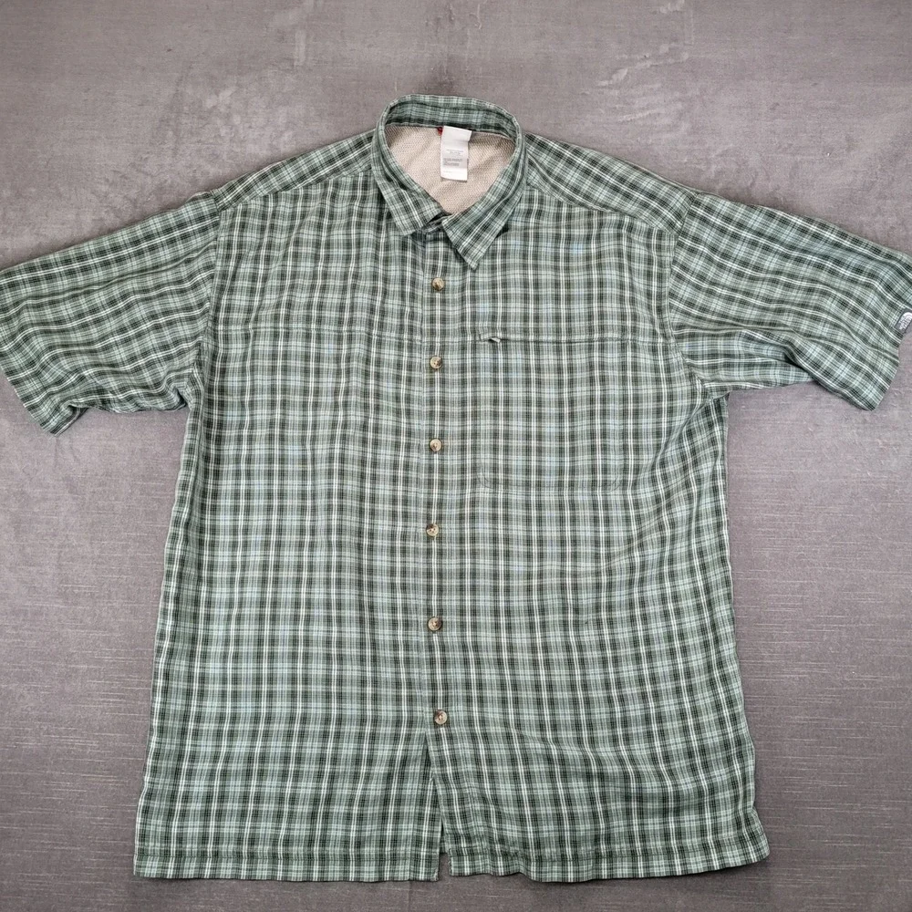 The North Face Mens XL Green Plaid Short Sleeve Button‎ Up Hiking Shirt Modal